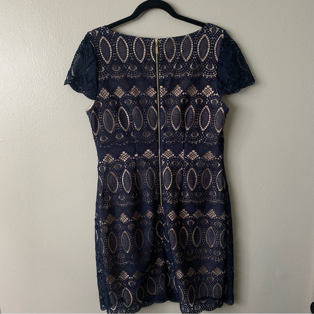 Eliza J Scalloped Lace Navy Sheath Dress Size:10 NWOT Gold Zipper On Back. - Picture 2 of 10